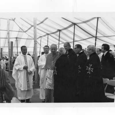Cardinal John Krol and James Moore, S.J., with Knights of Malta during Mass held July 31, 1976, on Gest Lawn prior to academic convocation during SJC 125th anniversary celebration.