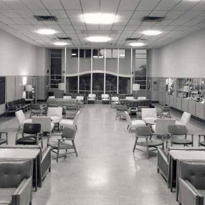 Interior view of student lounge in Campion with bookstore in background.