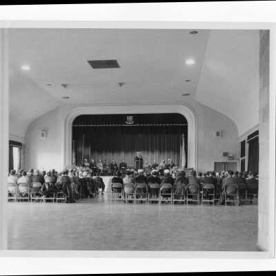 Shaffery award ceremony in Flanigan auditorium, April 8, 1956, with Dr. Francis Braceland.