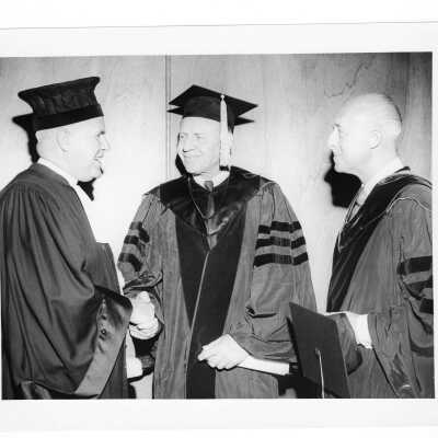 Three honorary degree recipients, including James A. Donnellon, O.S.A. (?), President of Villanova at 1959 graduation/commencement.