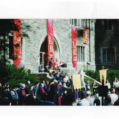 Students, clergy, and faculty gathering in Barbelin courtyard prior to processional to chapel for Mass of the Holy Spirit, September 1992.