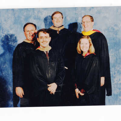 Portraits of small groups of graduates for graduation/commencement, c. 1993 (possibly University College in which ceremony was combined with masters' degree ceremony.)