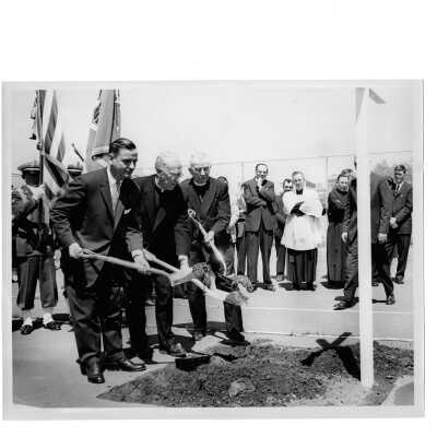 Bellarmine groundbreaking with Charles A. Krull (class 1939), J. Joseph Bluett, S.J., and Joseph S. Hogan, S.J.