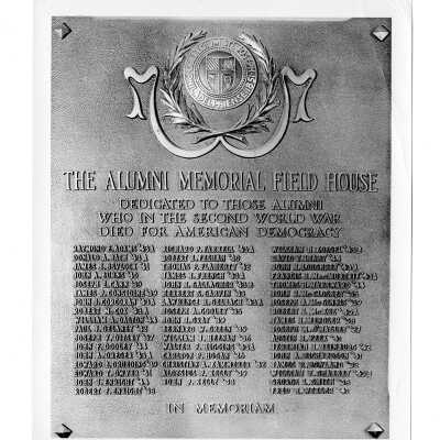 Dedication plaque for SJC graduates who died in World War II (World War Two) in Field House (Sports Complex).