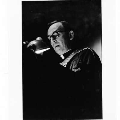 Terrence Toland, S.J., addressing graduates during 1971 graduation/commencement ceremony.