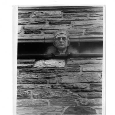 View of gargoyle on Barbelin building in likeness of James A. Ward, S.J., third president of Saint Joseph's College from 1857 to 1860.
