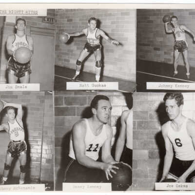 Members of men's basketball team known as "Mighty Mites," including Jim Smale, Matt Guokas, Johnny Kenney, Johnny McMenamin, Danny Kenney, and Joe Oakes.