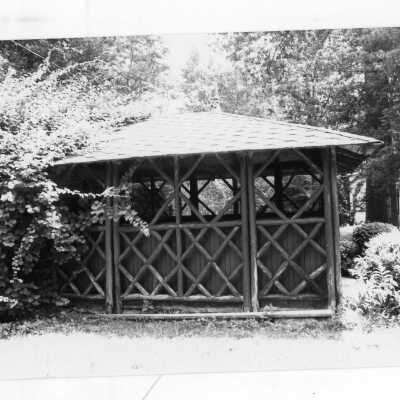 Ceramic sculpture in interior of old gazebo of Boland Hall.