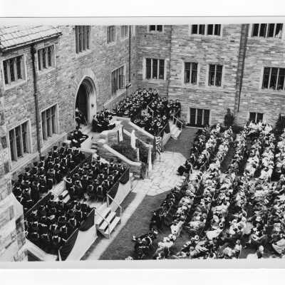 View of 1948 graduation/commencement ceremony in Barbelin quadrangle.