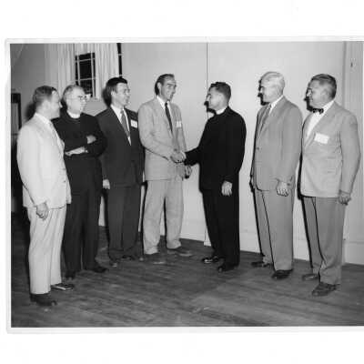 Delaware alumni reunion in Wilmington, September 16, 1952, with Edward G. Jacklin, S.J., Joseph Hogan, S.J., Jack Ramsay, Robert Cranage, Francis Mulrooney, John Kerigan, and Joseph Phalan.