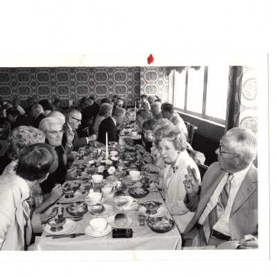 Alumni reunion of class of 1931 held on May 16, 1981. View of alumni and guests eating dinner with Michael Smith, S.J.