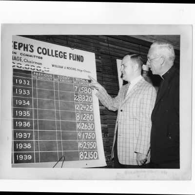 J. Joseph Bluett, S.J., and Robert Cranage of the alumni association check total funds raised on chart during fundraising drive, 1959.
