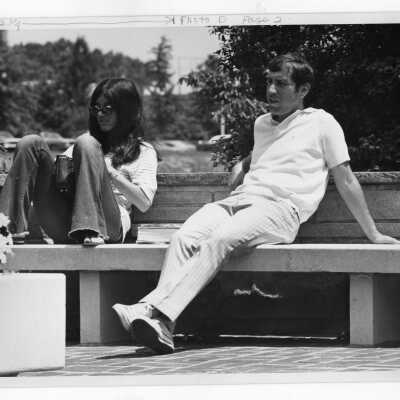 Students sitting on bench in front of Drexel Library?
