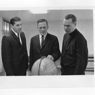 Congressman William R. Anderson (Democrat, TN, former Commander of the Nautilus), speaker at Destination College Day, October 23, 1965, with James Moore, S.J., and student.