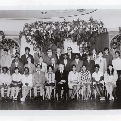 Group photograph of high school students participating in Chemistry Department's Science Motivation Program, May 1969. Also included are: Dr. James E. Dougherty, and Dr. George Beichl, director of program