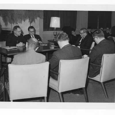 Msgr. George Higgins, Rabbi Marc Tanenbaum and others during First Annual Institute on Catholic-Jewish relations, March 5-6, 1967 in Campion Hall.