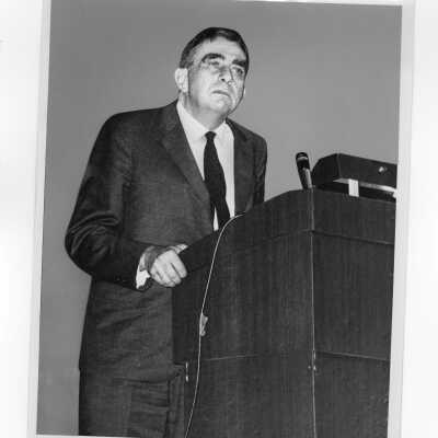 Dr. Edward Teller speaks at Arms Control Symposium held at Saint Joseph's College in 1966.