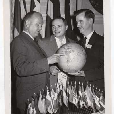 Photo of several individuals attending luncheon sponsored by Latin American Studies Institute to honor J. Peter Grace and to close its first year, June 9, 1961. Pictured are J. Peter Grace, Milton J. Shapp, and James J. O'Connor.