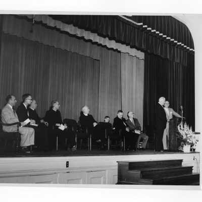 Shaffrey award ceremony for Dr. Bernard P. Widmann in Flanigan auditorium, April 27, 1958.