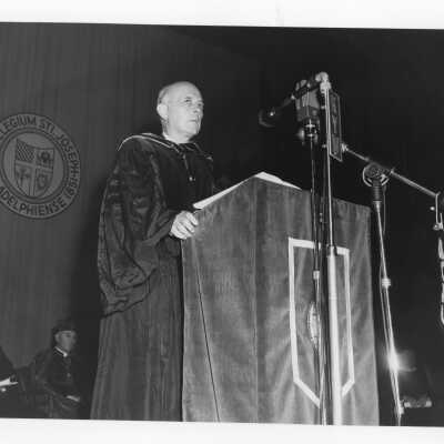 Thomas K. Finletter giving address at academic convocation, October 28, 1951, as part of centennial celebration.