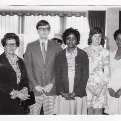 Rebecca Segal (Philadelphia School District) with students from West Philadelphia Catholic High School during Chemistry Department's Science Motivation Program, c. 1972.