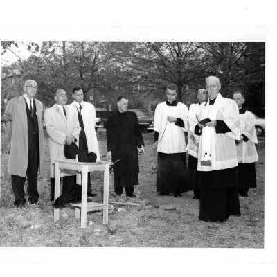Villiger (later Post) Academy of Food Marketing groundbreaking with J. Joseph Bluett, S.J. and others.
