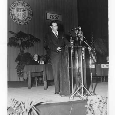 Maurice J. Tobin, U.S. Secretary of Labor, speaking at labor symposium on industrial relations held October 26, 1951 in Flanigan Auditorium during centennial celebration.