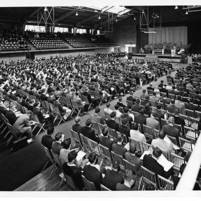 Students attending Mass in Field House.