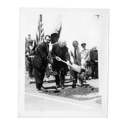 Bellarmine groundbreaking with Robert Hayes (Ed. 1959), J. Joseph Bluett, S.J., Bernard Scally (class 1959).