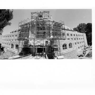 Front view of McShain Hall near end of construction.