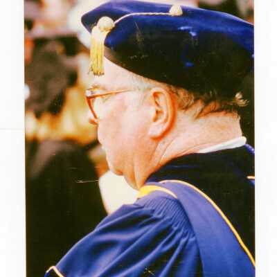 View of honorary degree recipient, possibly Gary Graffman (director, Curtis Institute of Music) during 1993 graduation/commencement for graduate students.