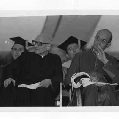Rev. Pedro Arrupe, S.J., and others at academic convocation held on Gest Lawn, July 31, 1976, as part of SJC 125th anniversary celebration.