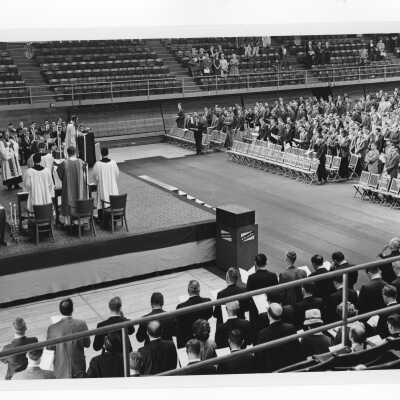 View of Mass of the Holy Spirit in the Field House, October 8, 1963.