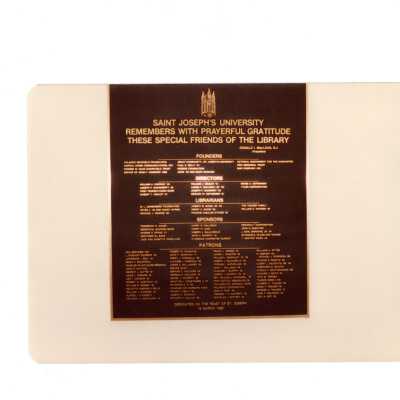 Plaque honoring founders, directors, librarians, sponsors, and patrons of Drexel Library.