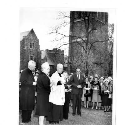 Groundbreaking ceremony for Drexel Library with J. Joseph Bluett, S.J., Honorable Kathryn Granahan, Member U.S. House of Representatives, L. R. McHugh, S.J., Francis Lalley (class 1931)