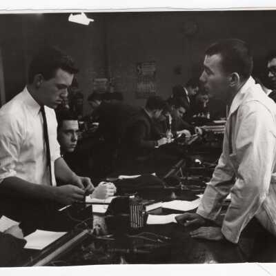 Physics students working laboratory, c. 1960.