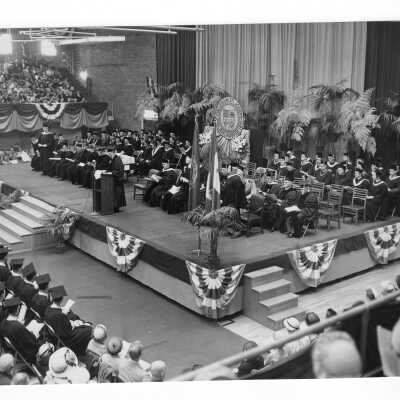View of 1951 graduation/commencement ceremony in Field House.