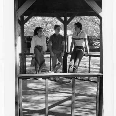 Students talking in gazebo of Gest Estate (now Wolfington Center) in spring. [not original structure; original made with tree limbs]