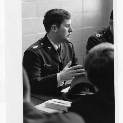 View of female Air Force ROTC student during class, c.1970.