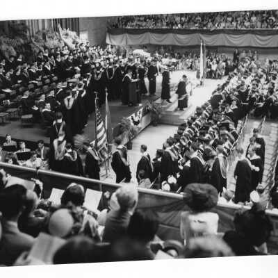 View of 1950 graduation/commencement ceremony in Field House.