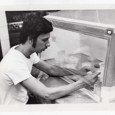 Biology student, Steven Chalfin, working on Crown Gall project in science laboratory, August 1975.