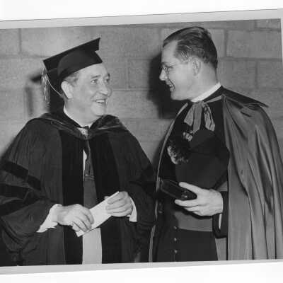Francis Myers, U.S. Senator from Pennylvania dressed with Monsignor Furey during 1949 graduation/commencement ceremony.