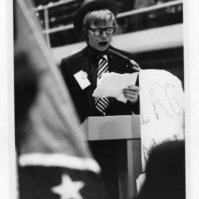 Student at mock Democratic convention in the Field House sponsored by the students of Delta Sigma Pi in March 1972.