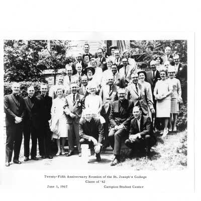 Alumni reunion of class of 1942, held June 3, 1967. Group photo taken outside of Campion Center and includes William F. Maloney, S.J., Terrence Toland, S.J., Michael Smith, S.J.