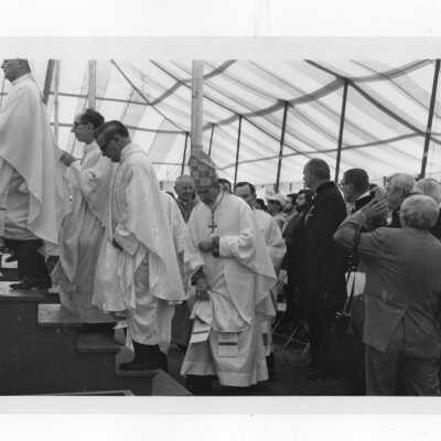 Procession of clergy to Mass with apostolic Delegate Jean Jadot and Cardinal John Krol held on July 31, 1976, on Gest Lawn during SJC 125th anniversary celebration.
