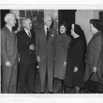 Charles F. Shreiner (Latin American Studies Program) with Ellsworth Bunker, Hugh Monaghan, Hon. Luz Maria Murray, Sister Mary Consuela, I.H.M., and Elizabeth Laws attending "Export American Friendship" luncheon, Feb 1978. (Panama Canal treaties debate)