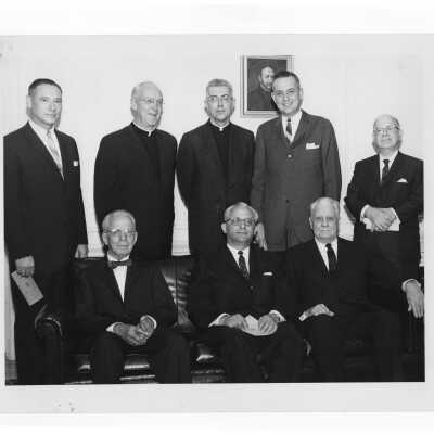 Dr. William Sodeman, 1962 Shaffrey award winner, with J. Joseph Bluett, S.J., Edmund Brogan, Mark Bauer, S.J., Michael Devine, Joseph Scareno, J Parson Schaeffer, Bernard Widmann.