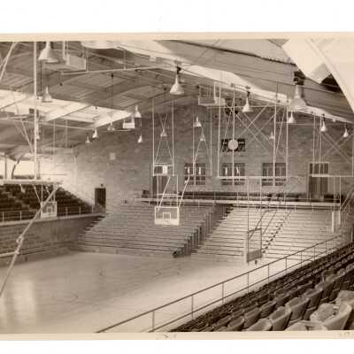 View of basketball court, bleachers and seating in new Field House (Sports Complex).
