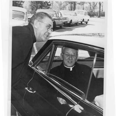 Archbishop John Krol and William F. Maloney, S.J, prior to mass during Saint Joseph's week, March 1964.