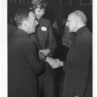 Reception for opening of exhibit, Jesuit Spirit in the Arts, in Boland Hall, July 30, 1976, as part of celebration of 125th anniversary of Saint Joseph's College with Rev. Pedro Arrupe, S.J., Terrence Toland, S.J., and Ed Dennion.